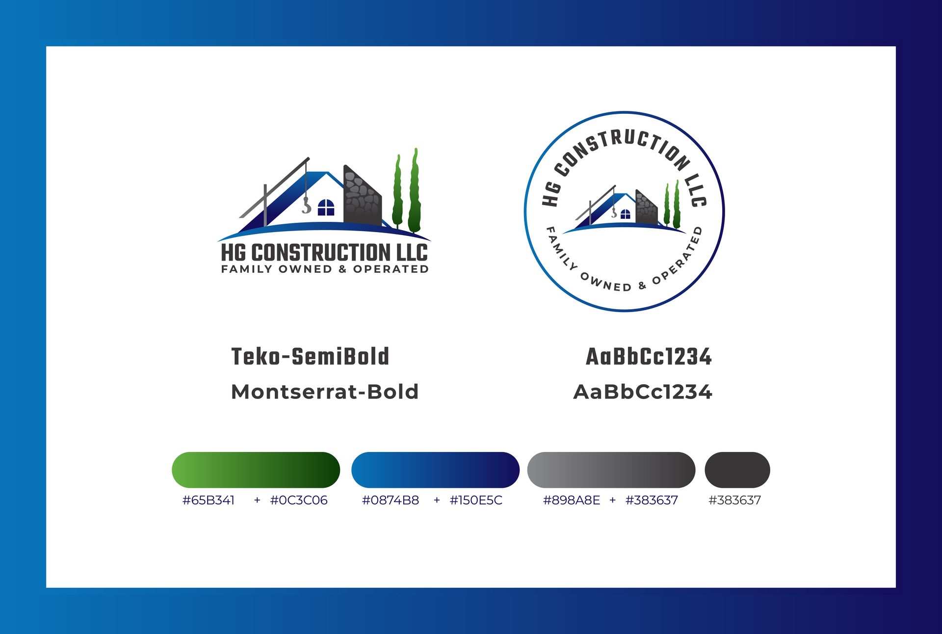 HB Construction LLC business card mockup with logo, contact info, and green-blue-gray accents