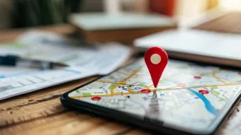 Smartphone displaying a map with a red location pin on a wooden desk