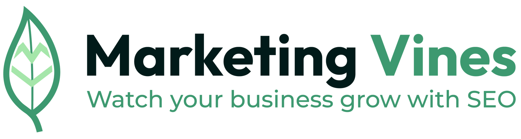 Marketing Vines logo with green leaf icon and tagline, “Watch your business grow with SEO.”