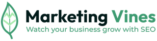Marketing Vines logo with green leaf icon and tagline, “Watch your business grow with SEO.”