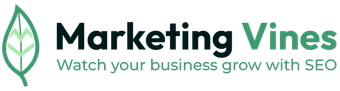 Marketing Vines logo with green leaf icon and tagline, “Watch your business grow with SEO.”