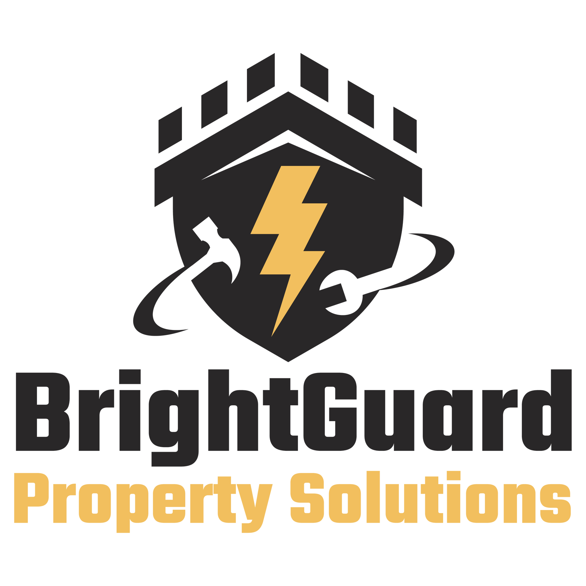 SEMrush Academy Certifications BrightGuard Property Solutions logo with black house, yellow lightning bolt, and gray swooshes