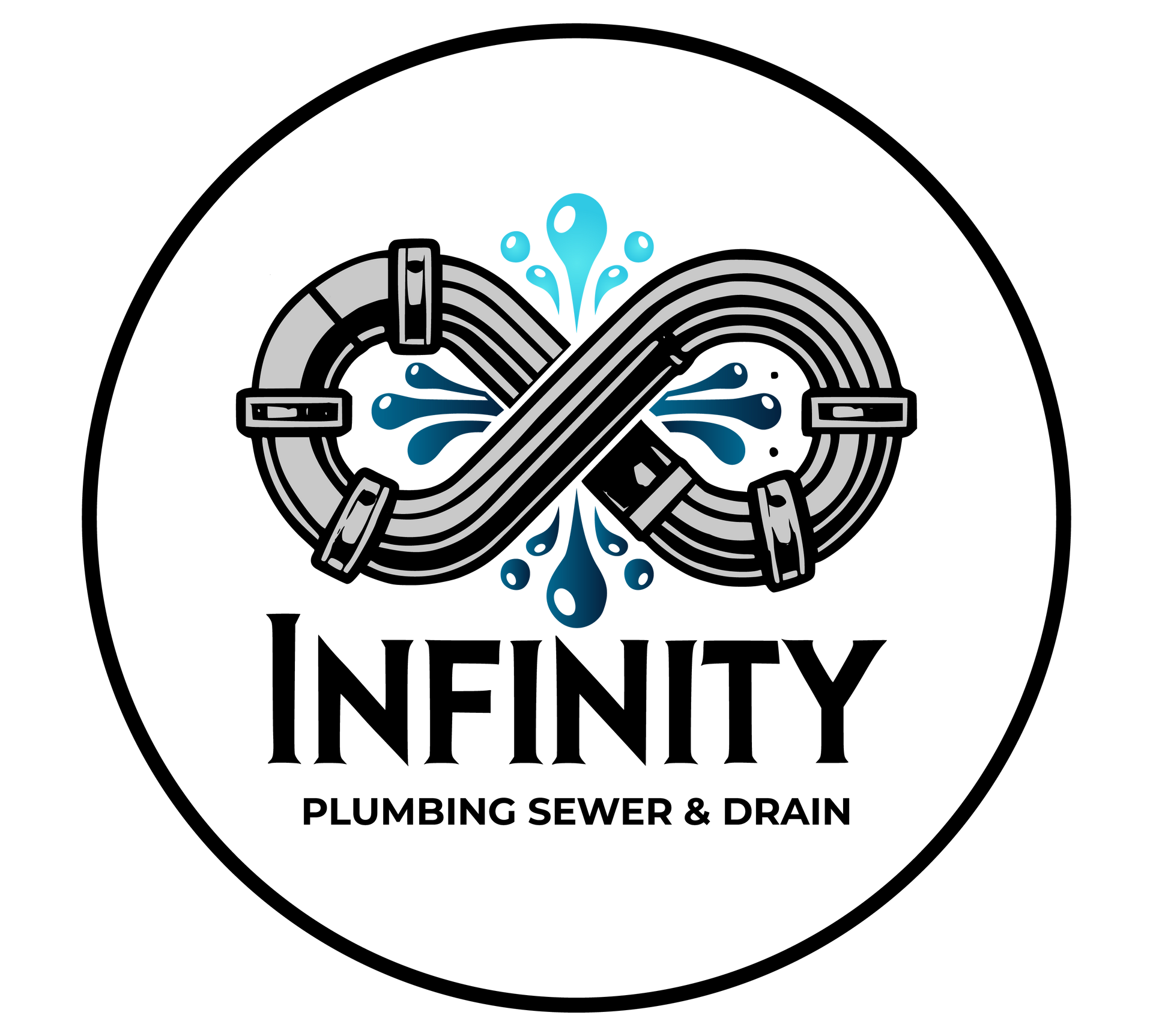 Infinity Plumbing Sewer & Drain logo with infinity-shaped pipes and blue water splashes on a white background