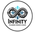 Infinity Plumbing Sewer & Drain logo with black pipe infinity symbol and blue water splashes on white background