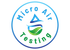 Micro Air Testing circular logo with blue and green text and abstract blue-green wave design