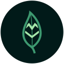 Green leaf logo on a dark circular background