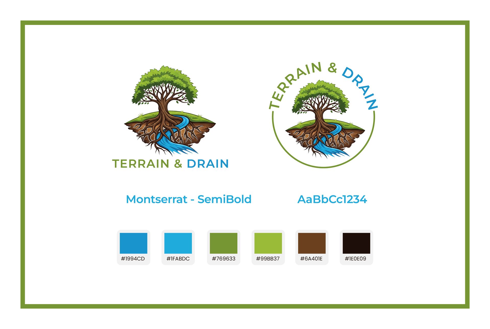 Terrain & Drain logo with tree and roots, blue and green color palette, on white background