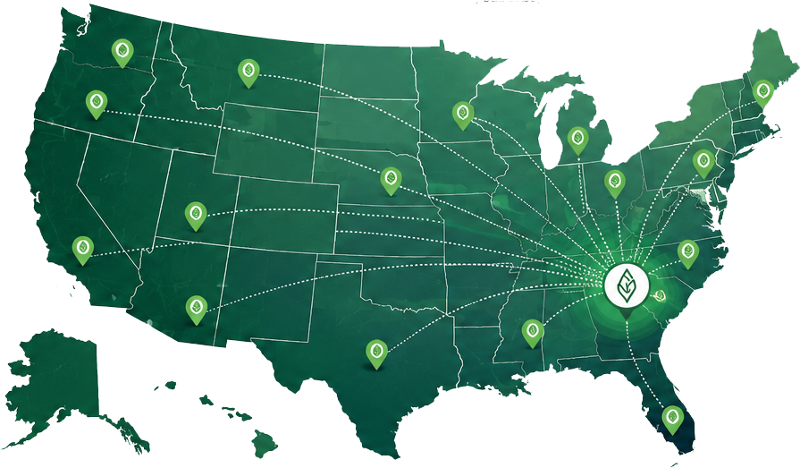 Green map of the United States with glowing location pins and connecting lines across the country