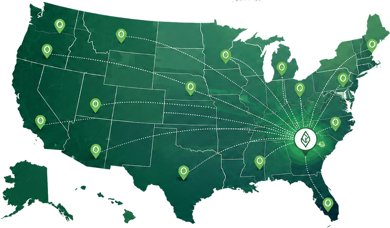 Green U.S. map with network lines and location pins, highlighting routes across the country.