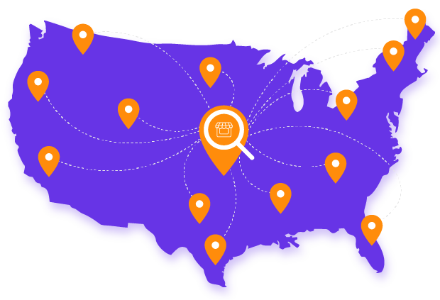 Purple U.S. map with orange location pins and a central search icon
