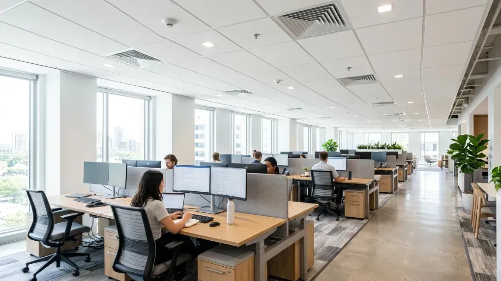 A clean, brightly lit office space showing spotless air vents and modern desks