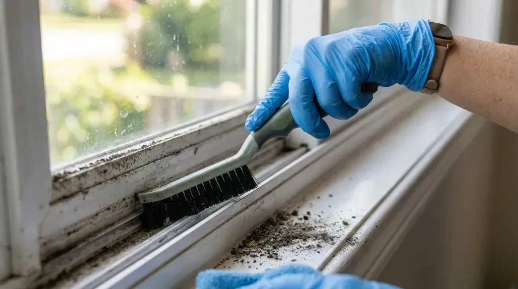 A close up of a person cleaning hard to reach window tracks with a specialized brush.