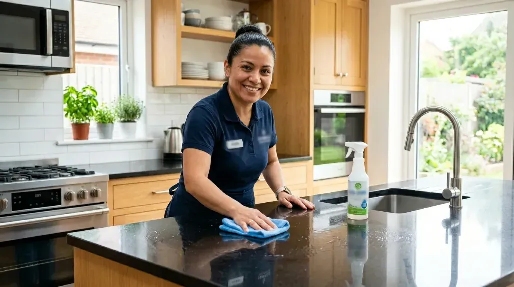 A friendly professional wiping down a sparkling clean kitchen counter.