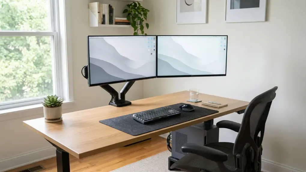 A neat, highly organized desk space with clean monitors and zero clutter