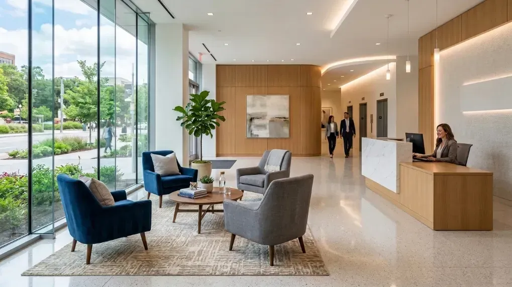 A spotless and welcoming office lobby with comfortable seating and bright lighting