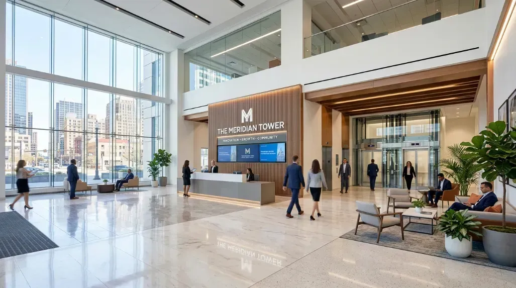 A wide shot of a brightly lit, spotless corporate office lobby - Image for illustration purposes only