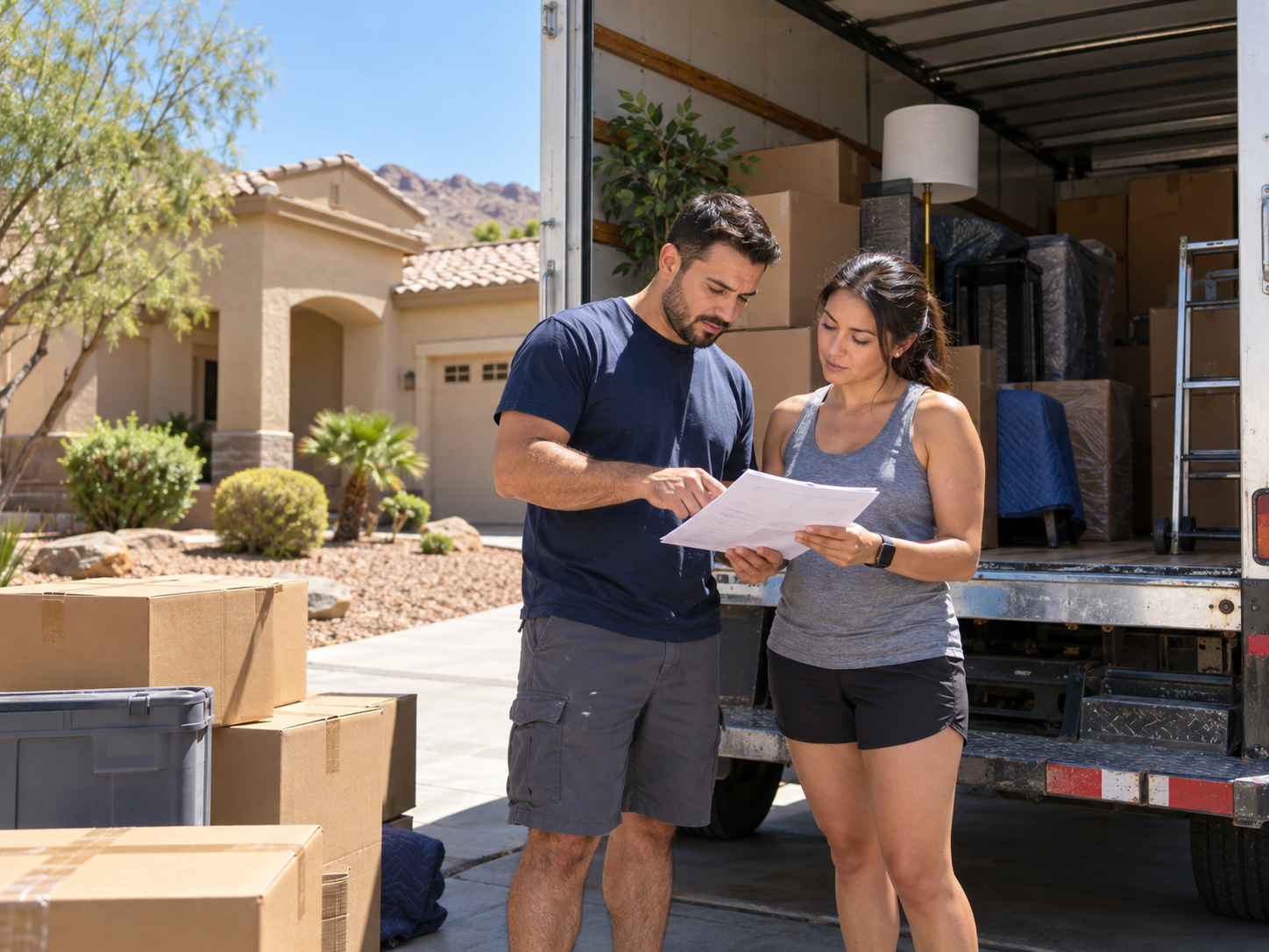 Two people comparing a printed checklist beside an open moving truck outside a stucco Henderson-area house at midday