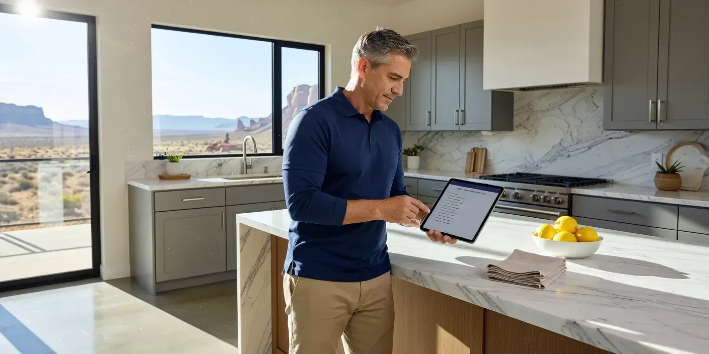 Henderson homeowner reviewing a short room checklist on a tablet beside a sunny kitchen island
