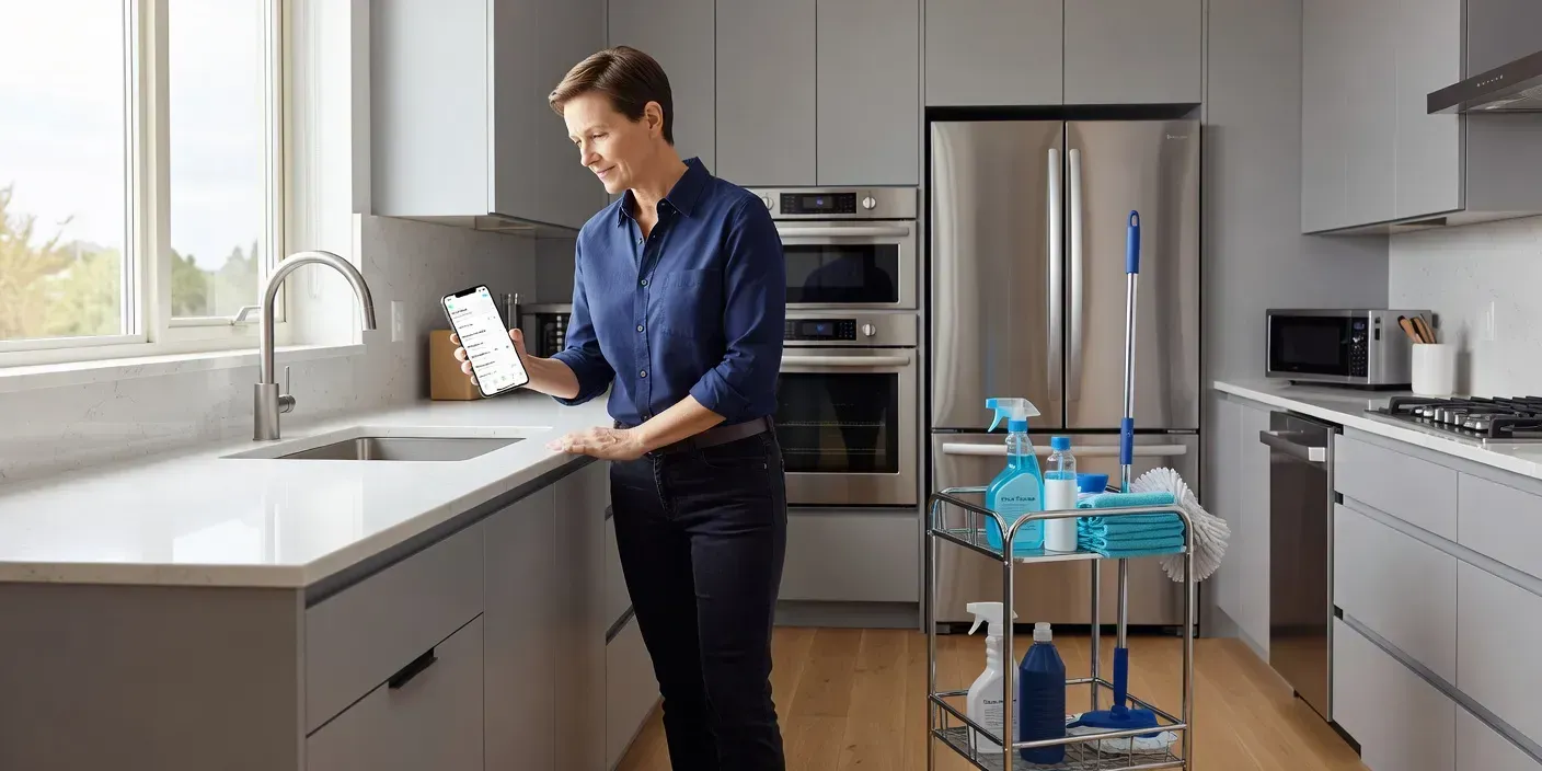 Henderson parent checking a phone calendar at a kitchen counter while a cleaning cart stands near stainless appliances