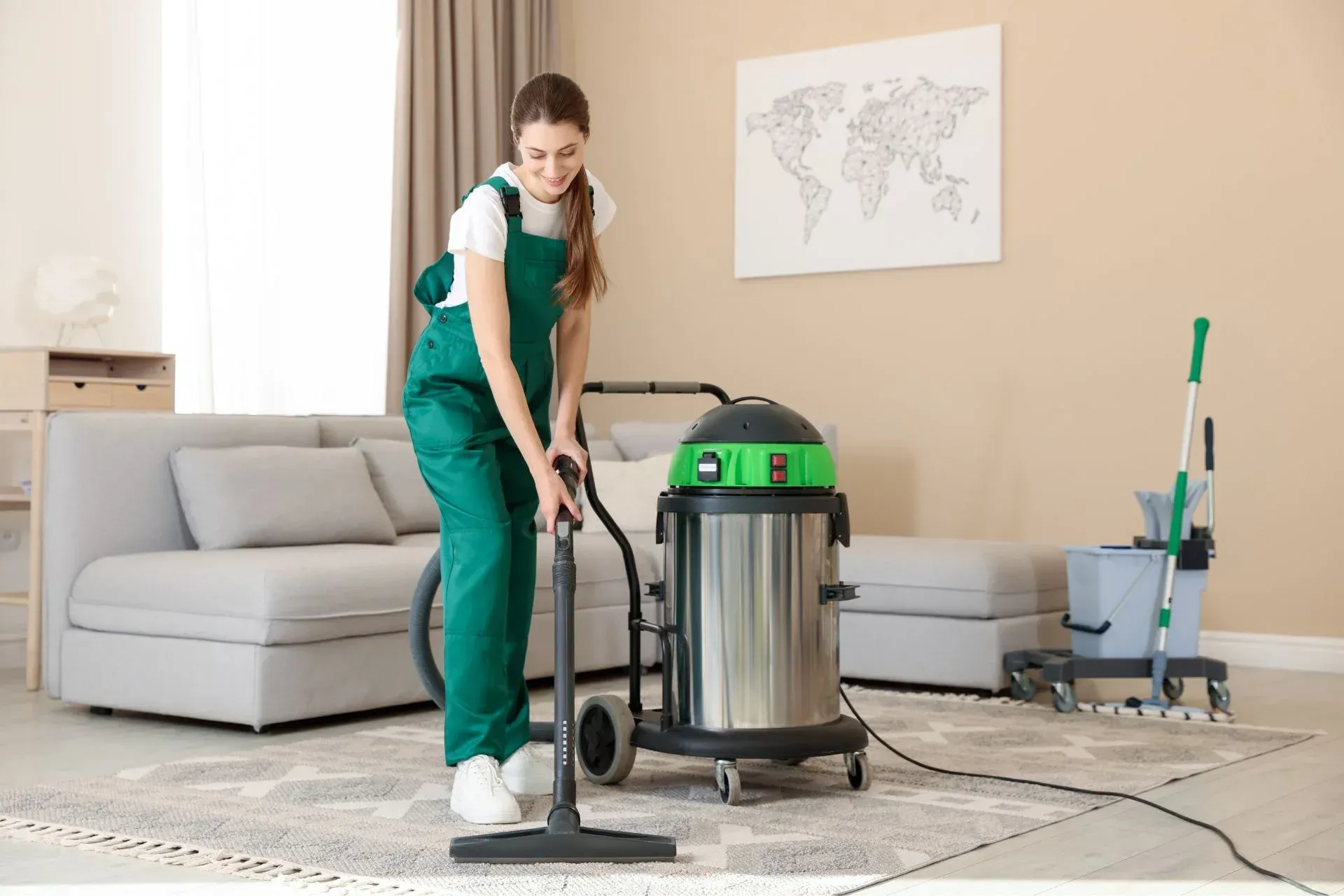 Office Cleaning-Woman in green overalls vacuuming a rug in a living room; a mop and bucket are in the background.