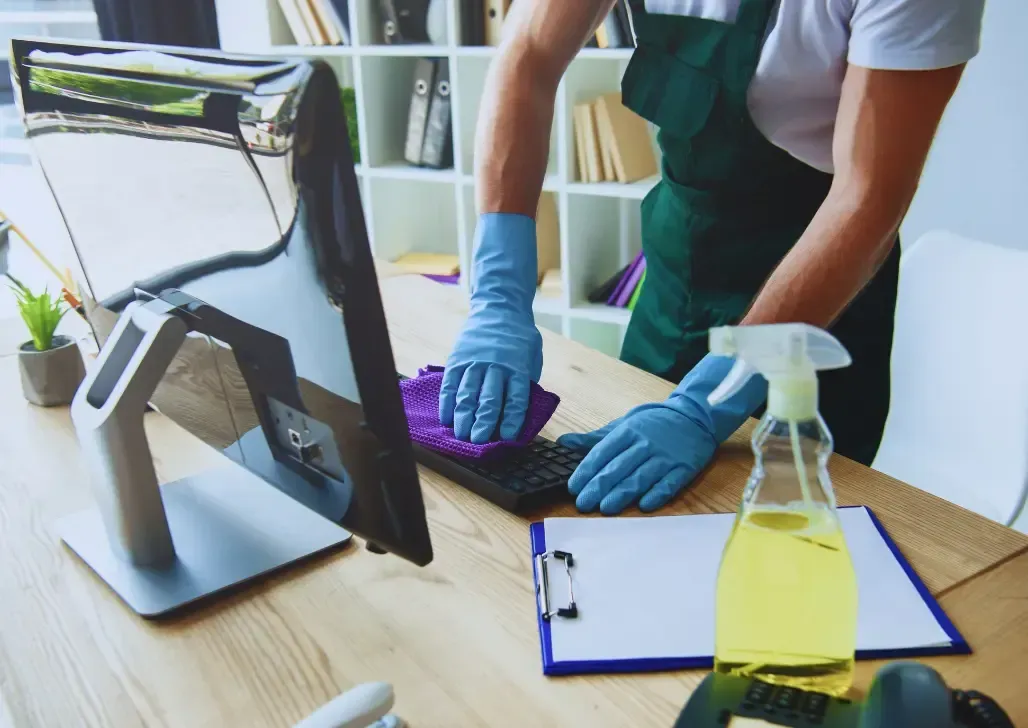 Office Cleaning Services Las Vegas-Two people clean a room, one mopping the shiny floor and the other wiping a large window.