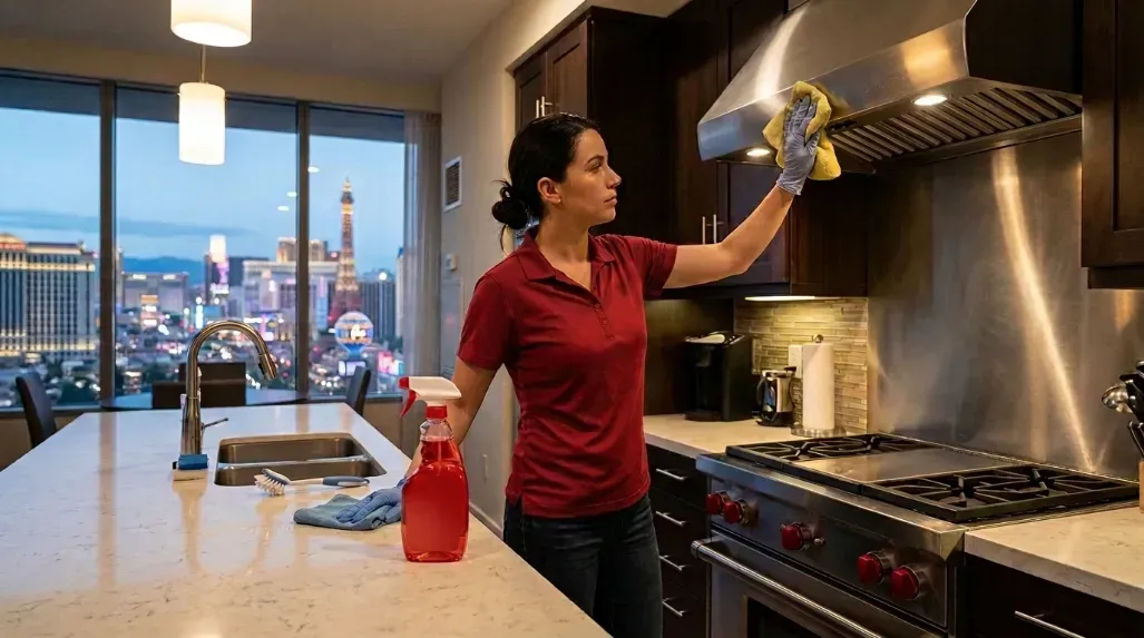 Red Apple cleaner detailing a Las Vegas kitchen counter and vent