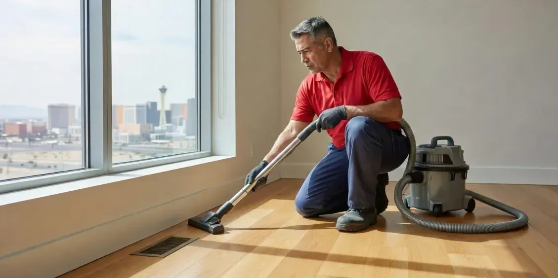 photographic view of a technician HEPA-vacuuming baseboard edges beside a living-room vent in a bright Las Vegas apartment
