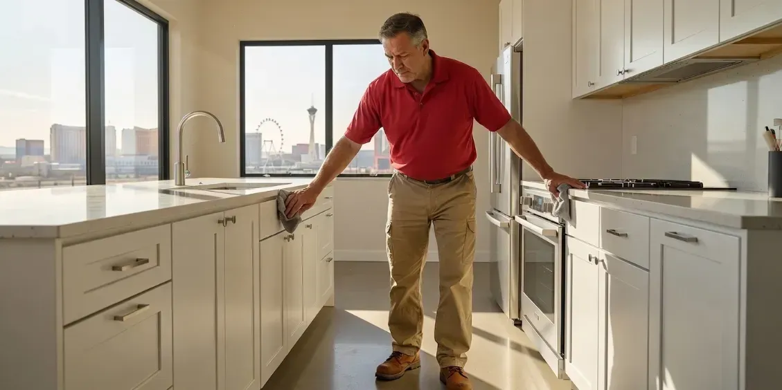 photographic view of a technician wiping kitchen cabinet edges and appliance seals in a bright Las Vegas home