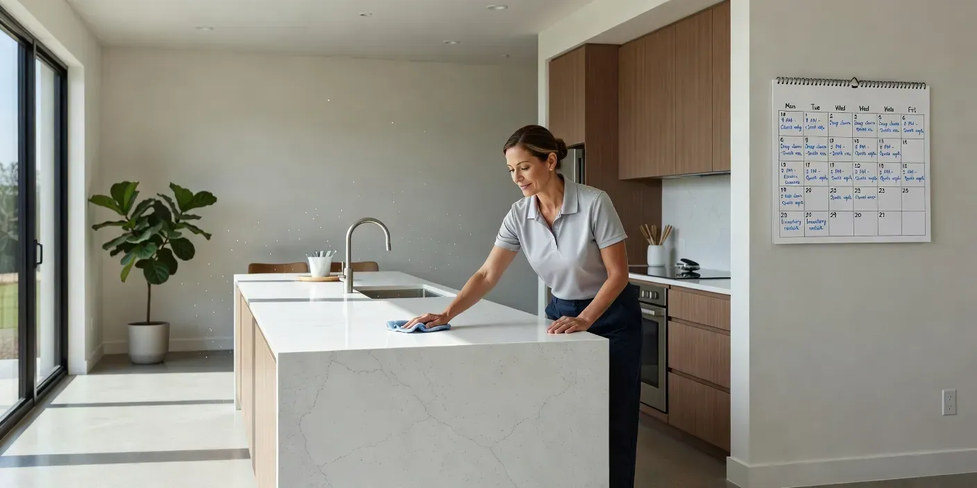 professional cleaner wiping a sunlit kitchen island in a modern Henderson home while a wall calendar shows a busy week