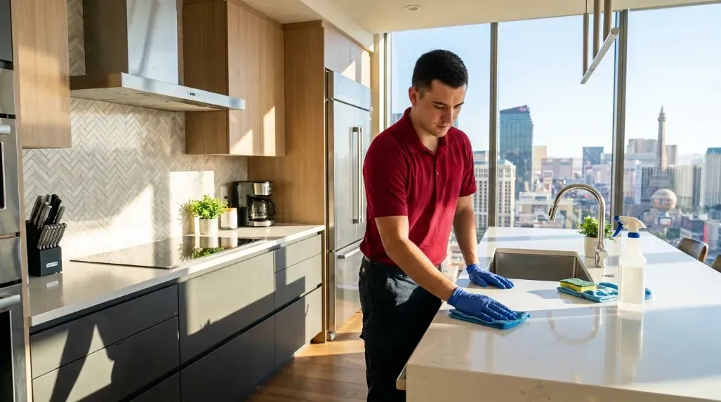 technician wiping sunlit counters in a modern Las Vegas kitchen