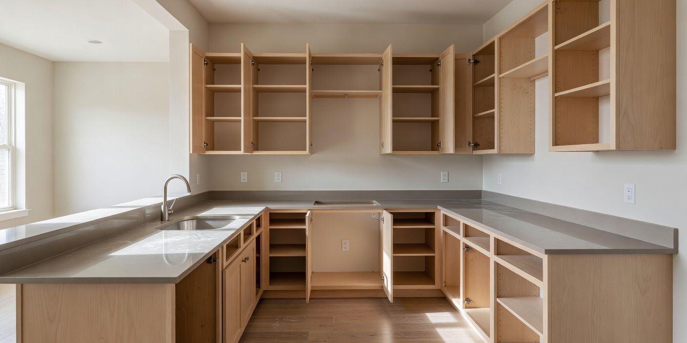 Henderson townhome kitchen with open empty cabinets and freshly wiped counters before final rental walkthrough