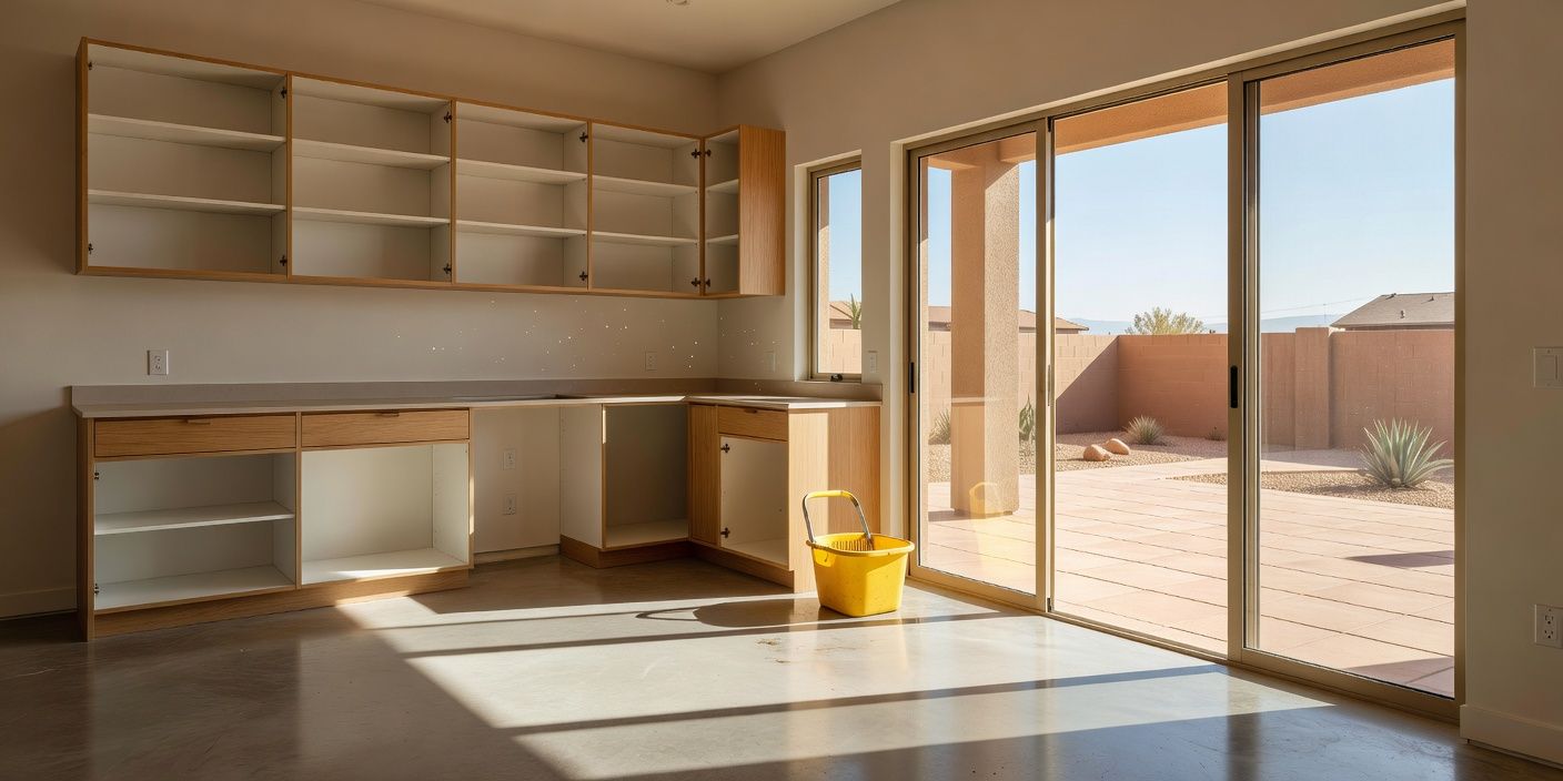 Empty kitchen with open cabinets and a mop bucket near sliding doors looking onto a sunny Henderson-style patio