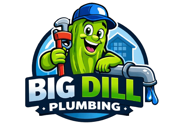 Cartoon pickle plumber holding wrench and pipe beside &ldquo;Big Dill Plumbing&rdquo; logo, with water drip and house icon