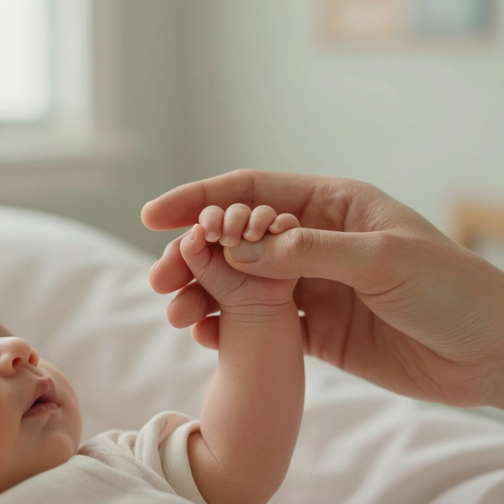 Baby gripping an adult’s finger on a white bed
