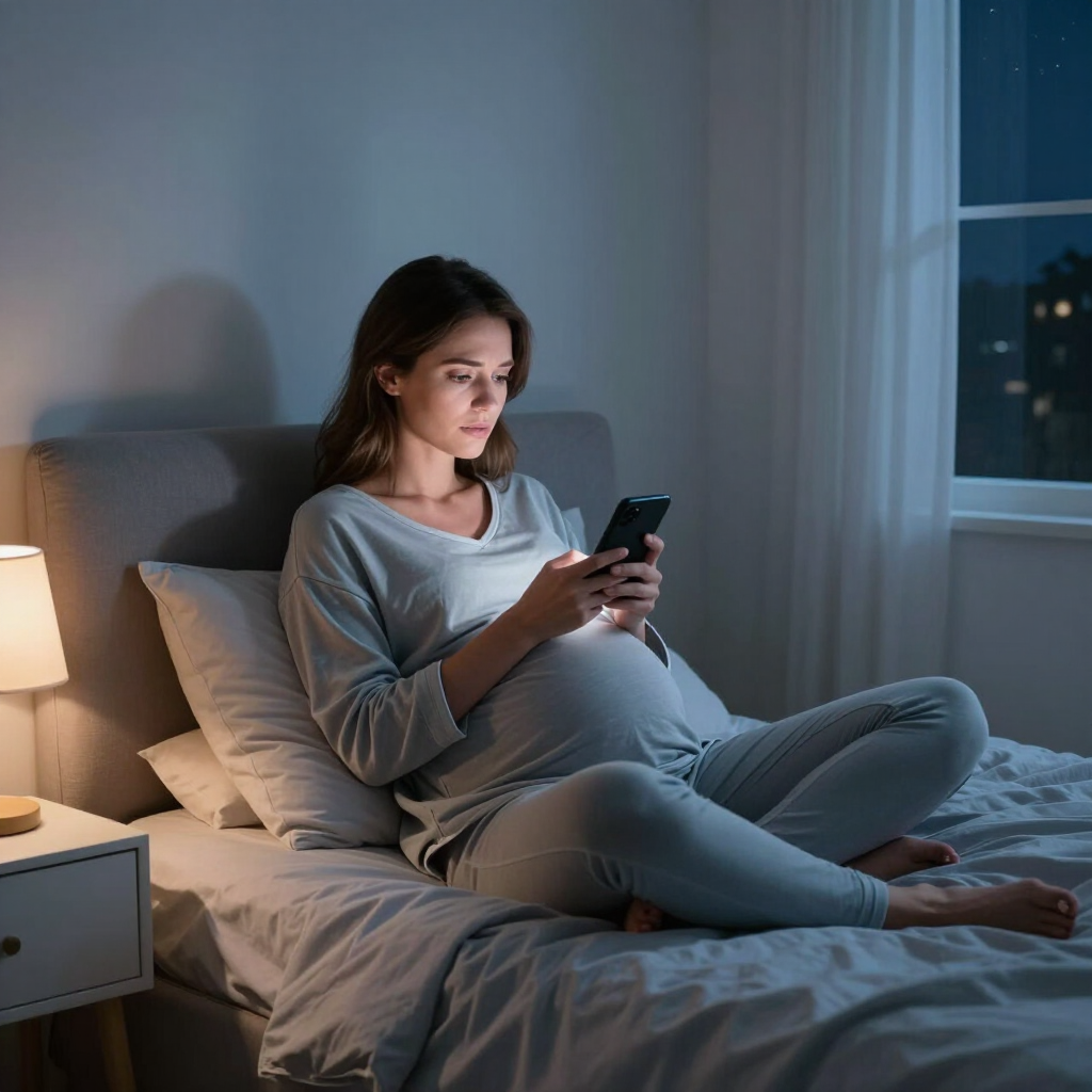 Pregnant woman sitting on a bed at night, looking at her phone beside a softly lit lamp.
