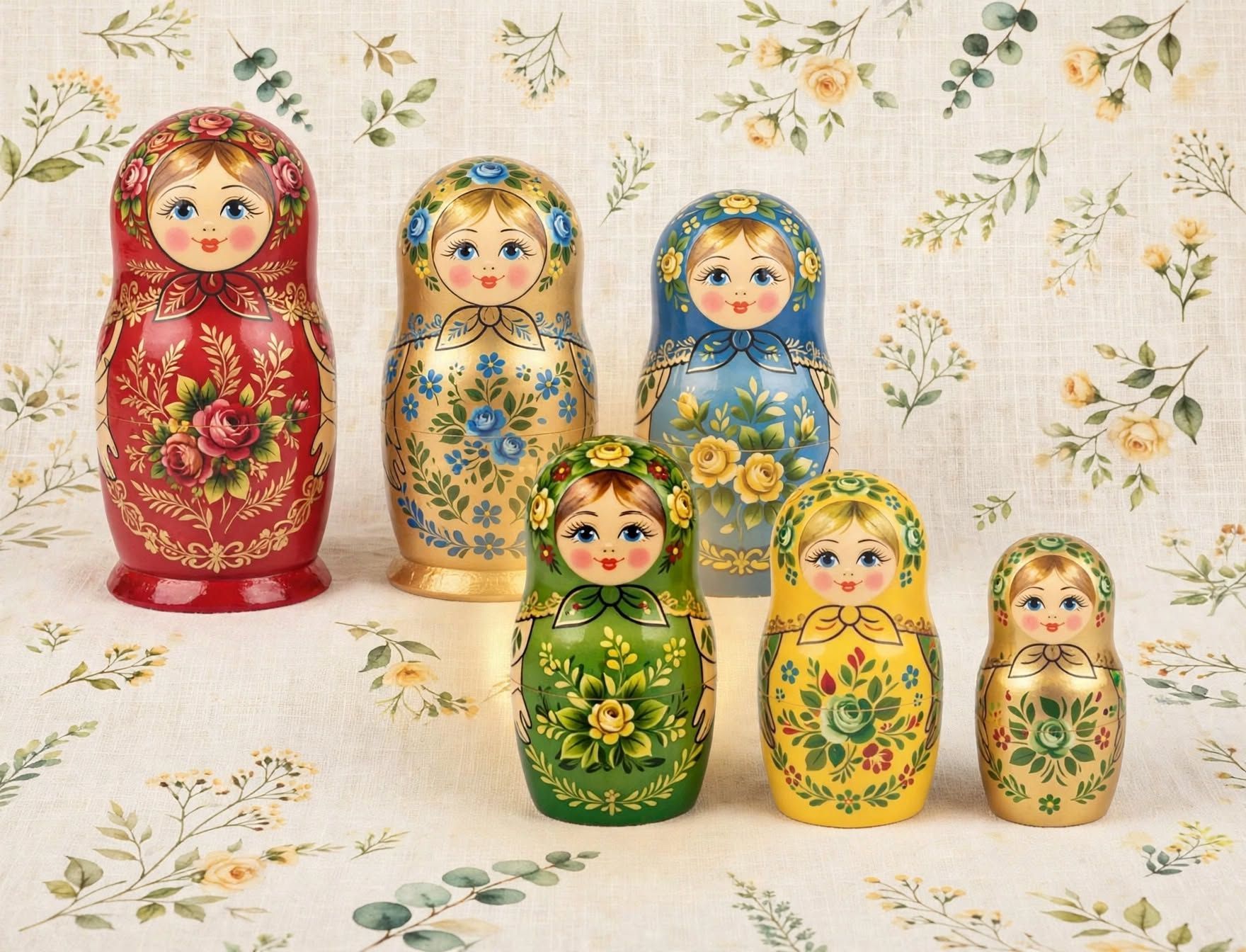 Six colorful nested Russian dolls on a floral tablecloth with a soft flower-patterned background