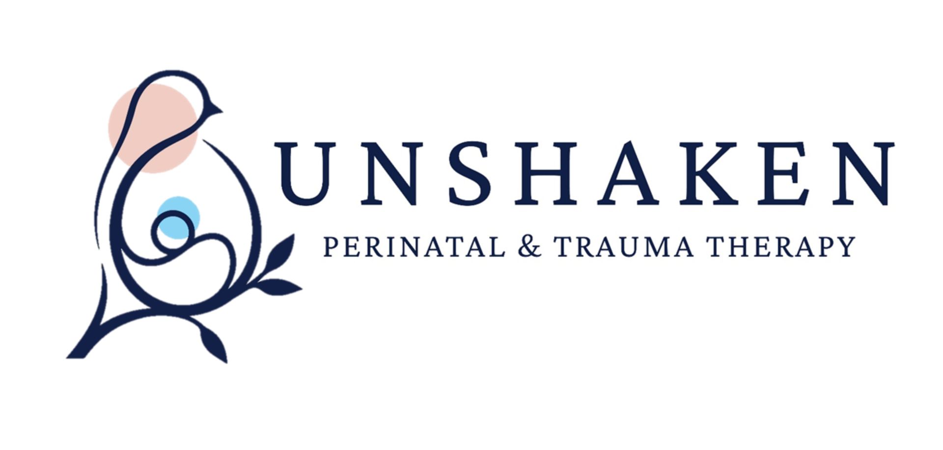Unshaken Perinatal & Trauma Therapy logo with stylized bird in blue and peach representing mother and child