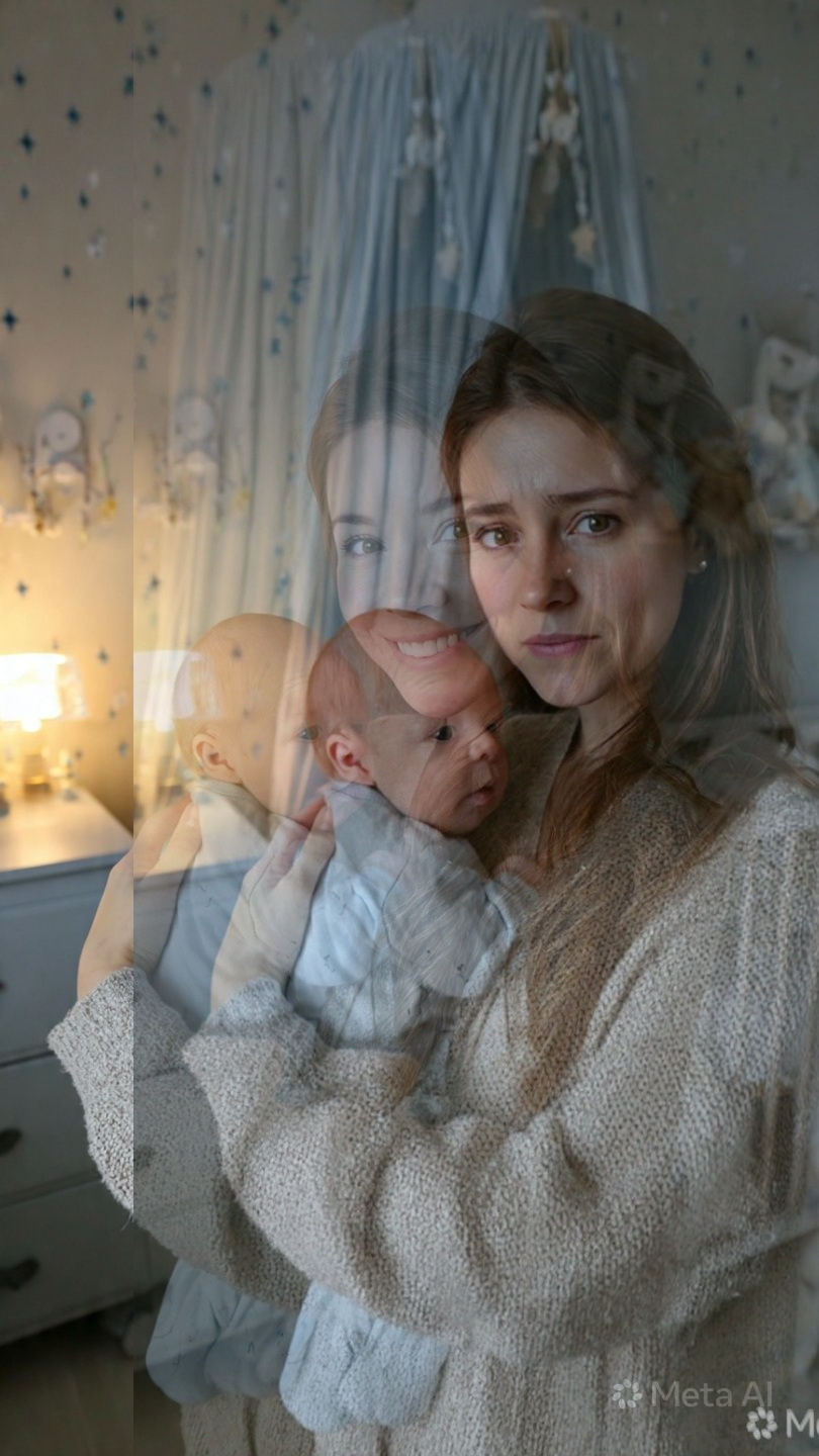 Postpartum woman with depression or anxiety holding a baby in a softly lit bedroom with curtains and a lamp.