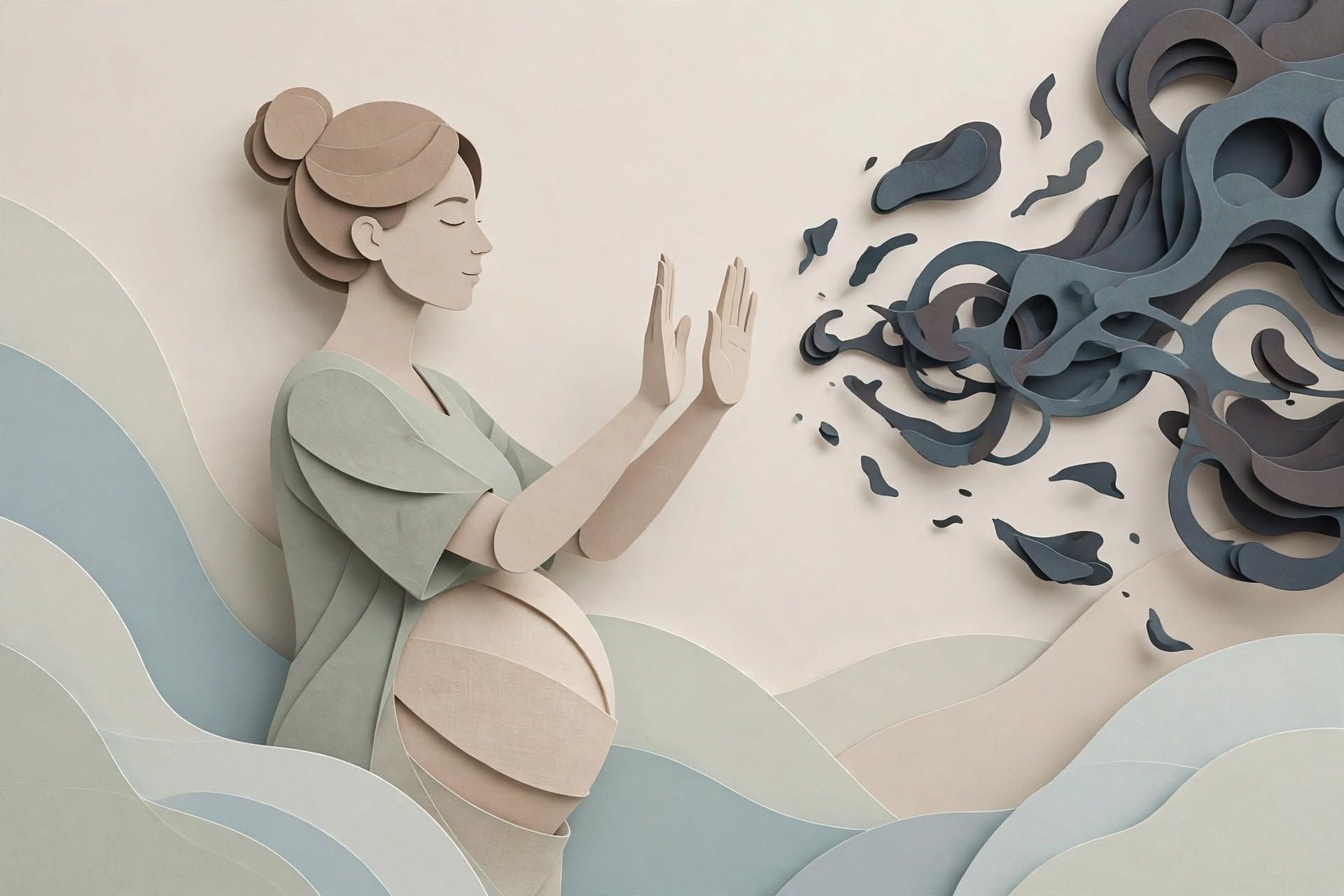 Papercraft pregnant woman blocking dark swirls, showing sexual trauma and pregnancy resurfacing