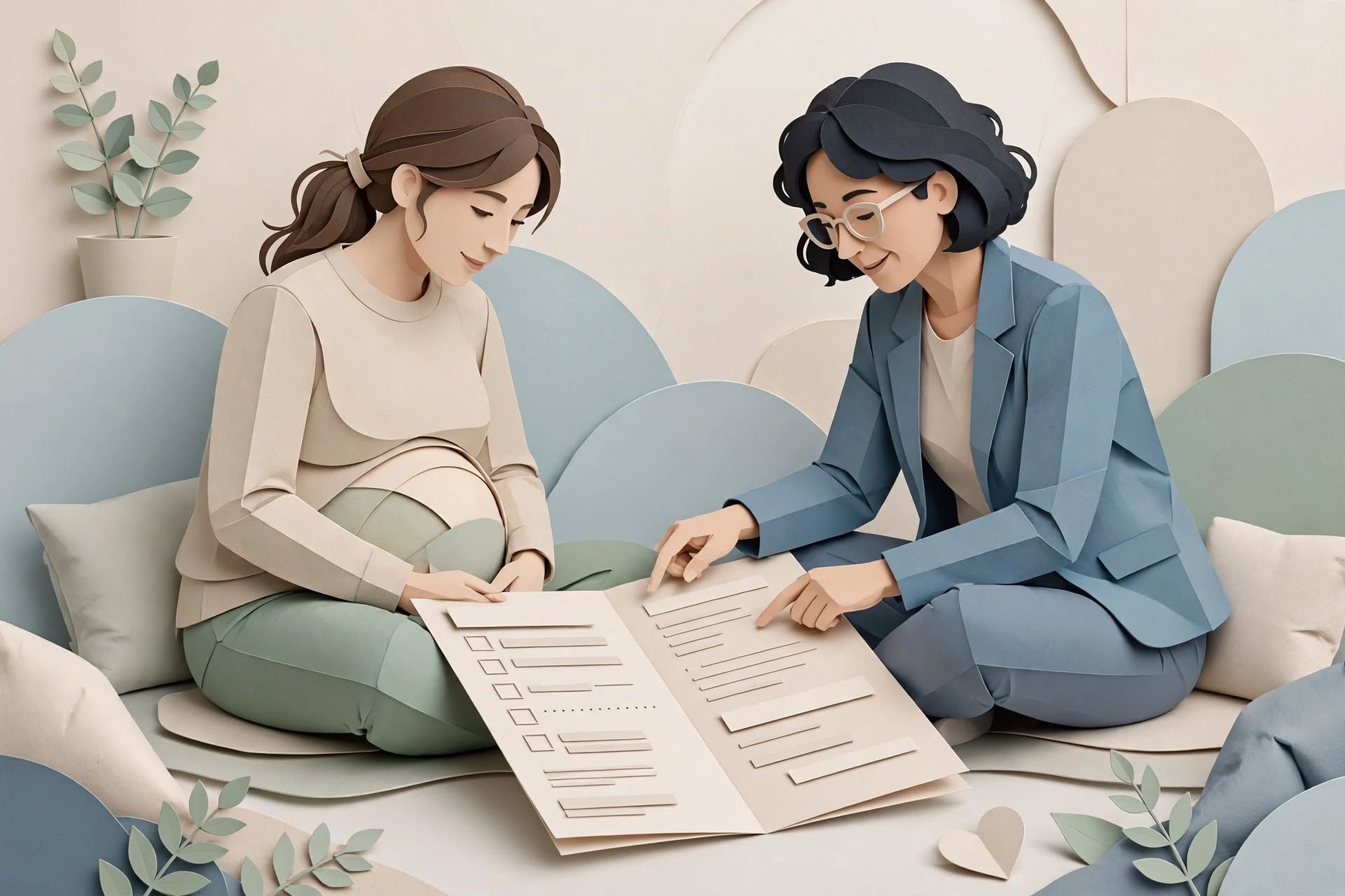 Papercraft client and provider reviewing birth plan together, trauma-informed prenatal care preventing birth trauma