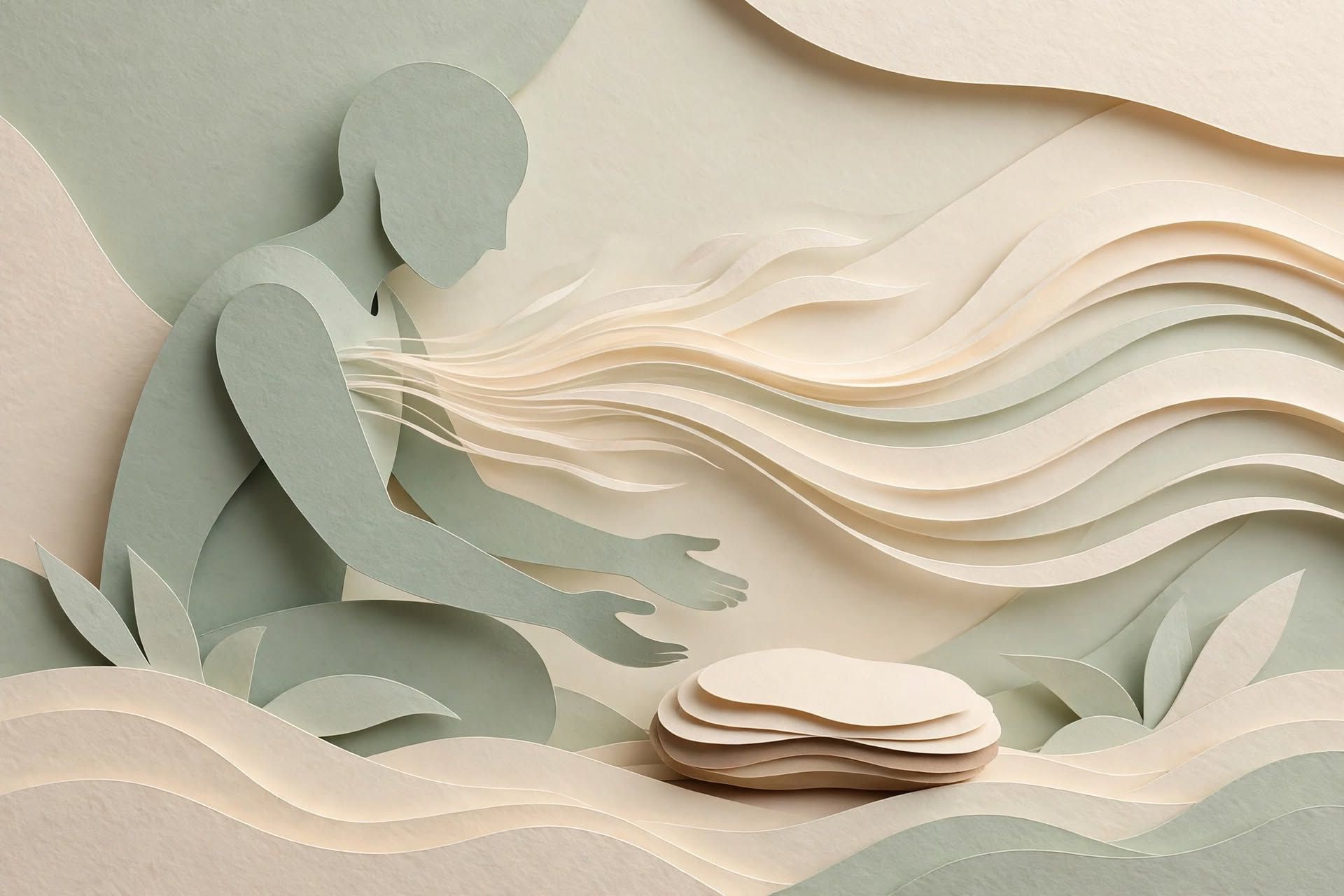 Abstract paper-cut scene of a seated figure by flowing beige waves and layered leaves in soft pastel tones