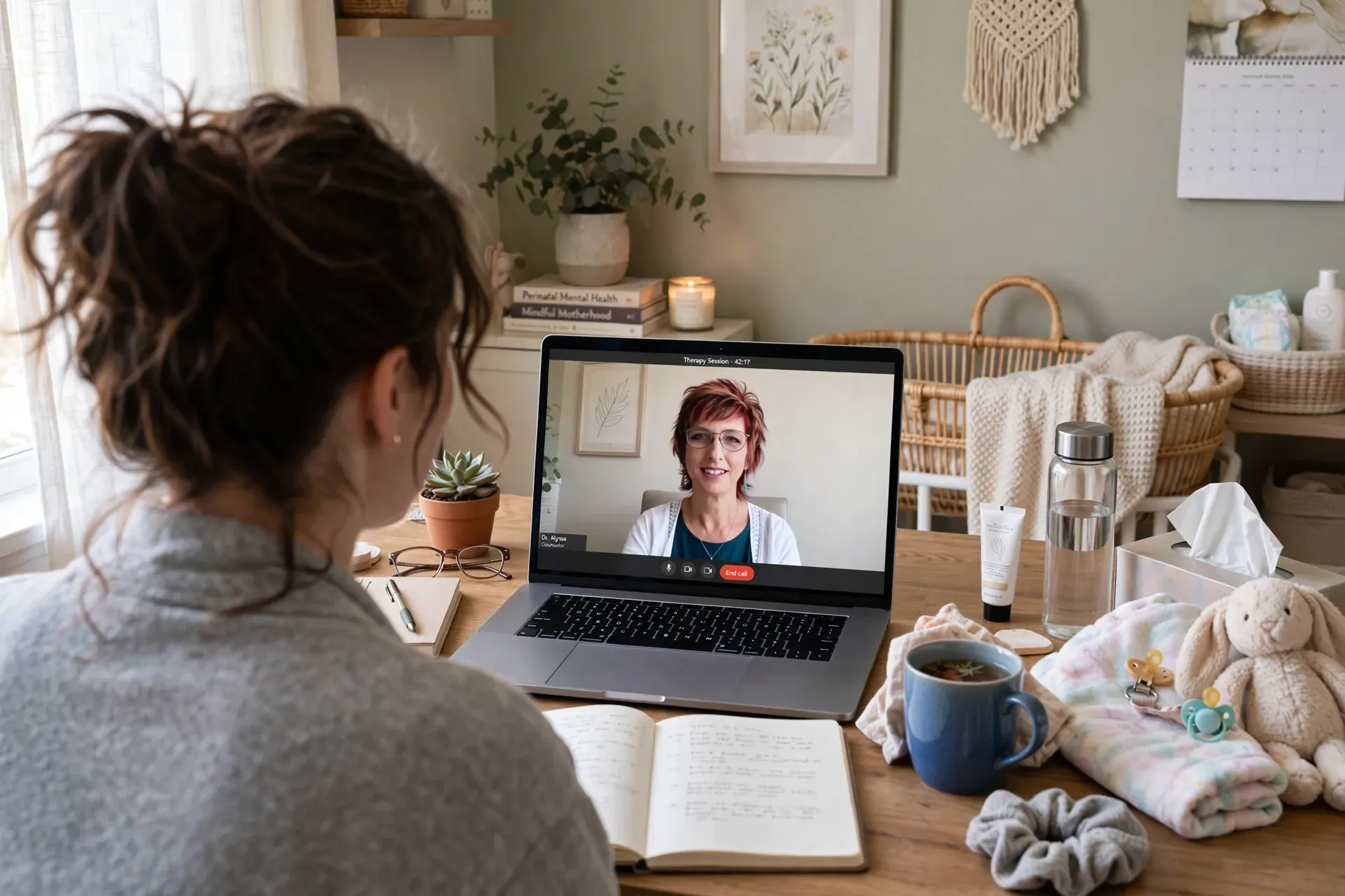 Woman on telehealth at a desk with notebook, tea, and postpartum supplies in a cozy Chesapeake home workspace for therapy