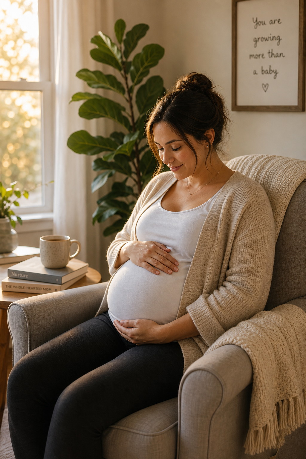 Pregnant woman sitting quietly at home with her hands on her belly, reflecting in a calm moment.