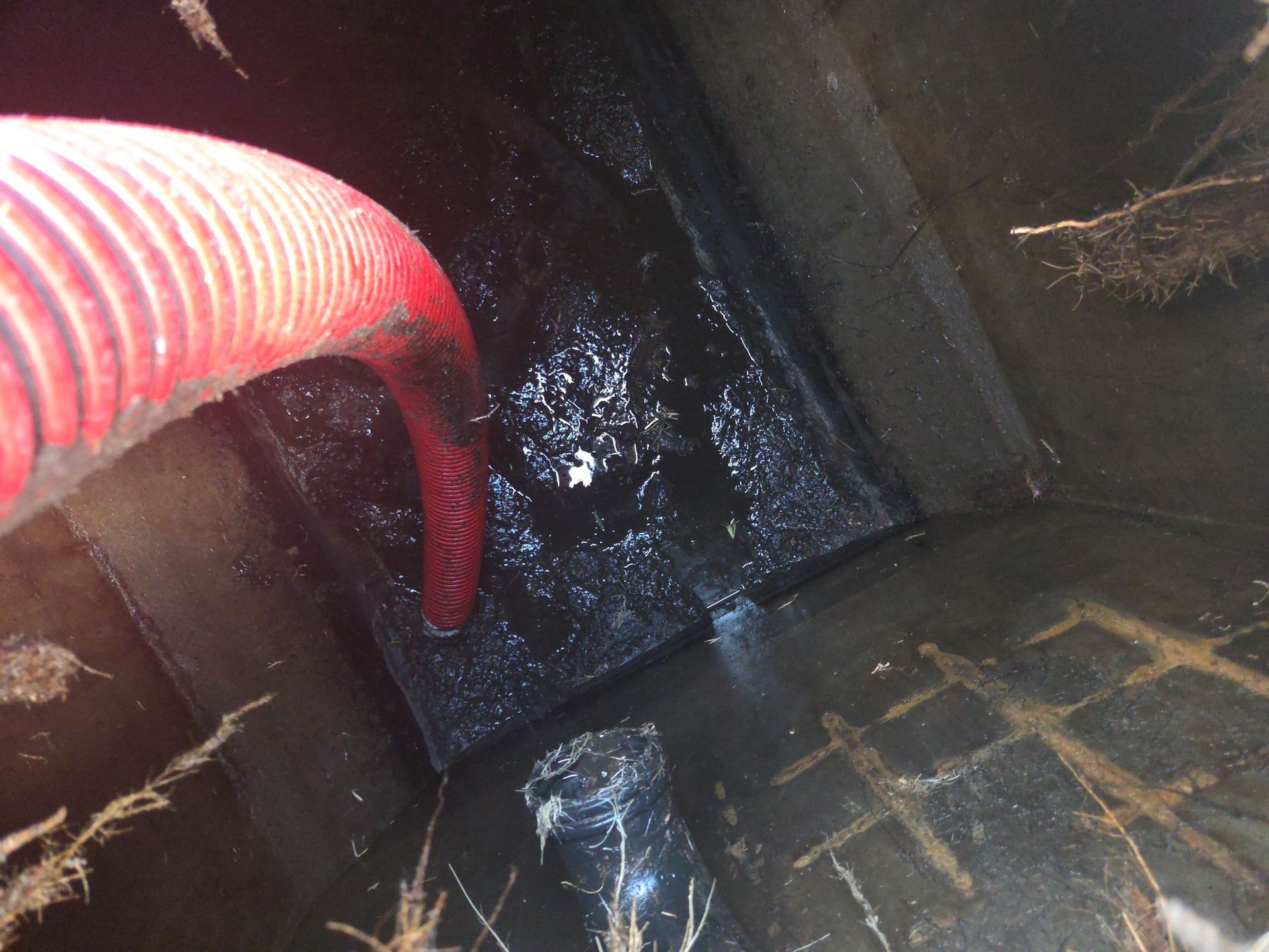 Inside a dark, oily container with a red hose. Black liquid and debris are visible.