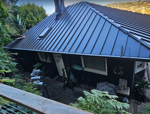 Black house with metal roof, surrounded by lush greenery.