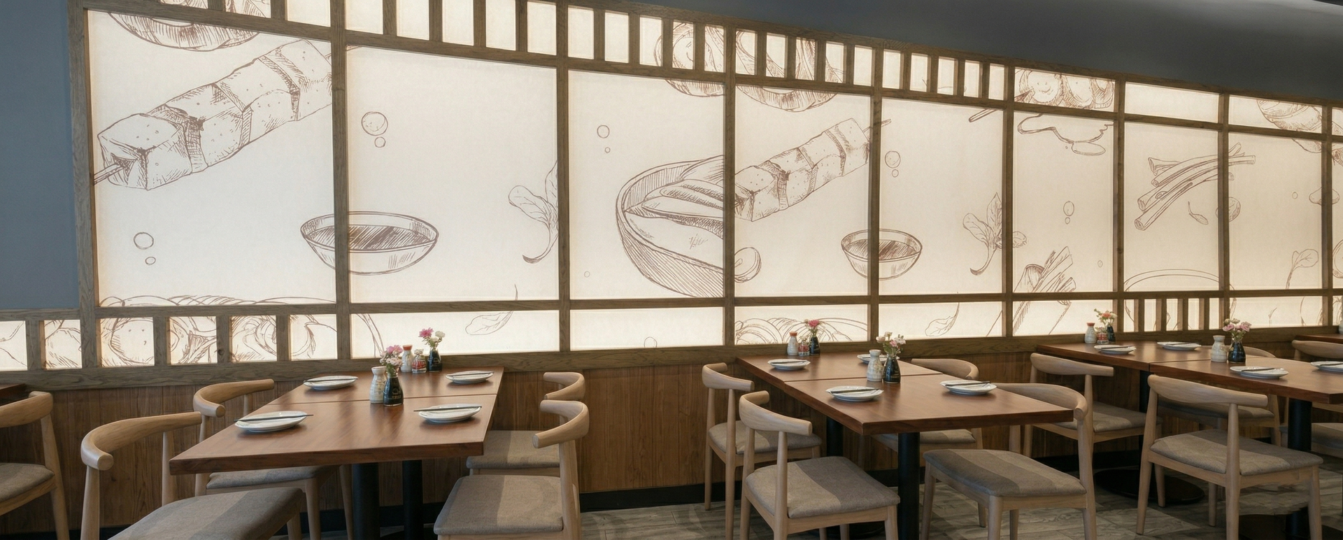 Modern dining room with wooden tables, light-toned chairs, and a large, backlit wall panel featuring sushi illustrations.