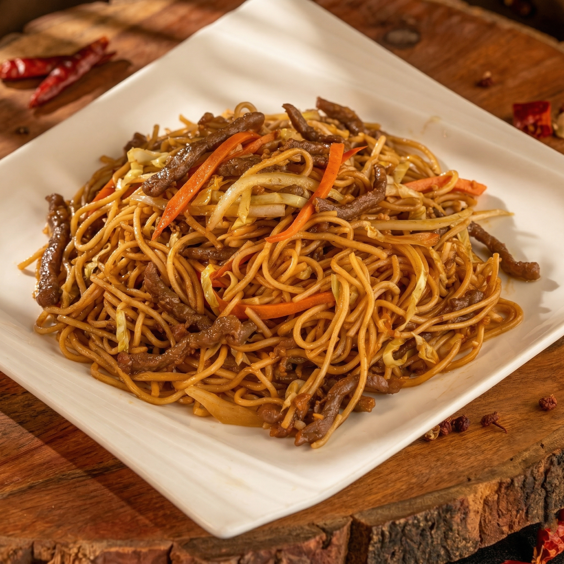 A plate of beef stir-fried noodles with sliced carrots on a wooden surface, with red chilies scattered nearby.