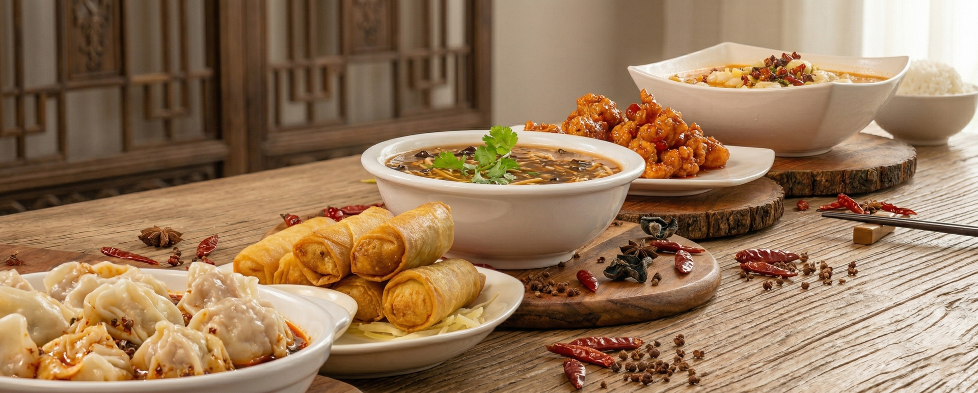 A rustic table spread featuring bowls of dumplings, spring rolls, soup, and fried chicken with scattered peppercorns.