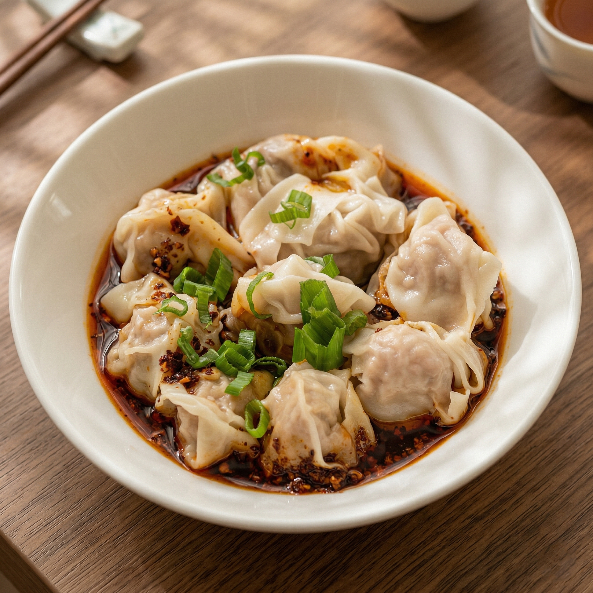A white bowl of wontons in a spicy red chili oil sauce, topped with chopped green onions, on a wooden table.