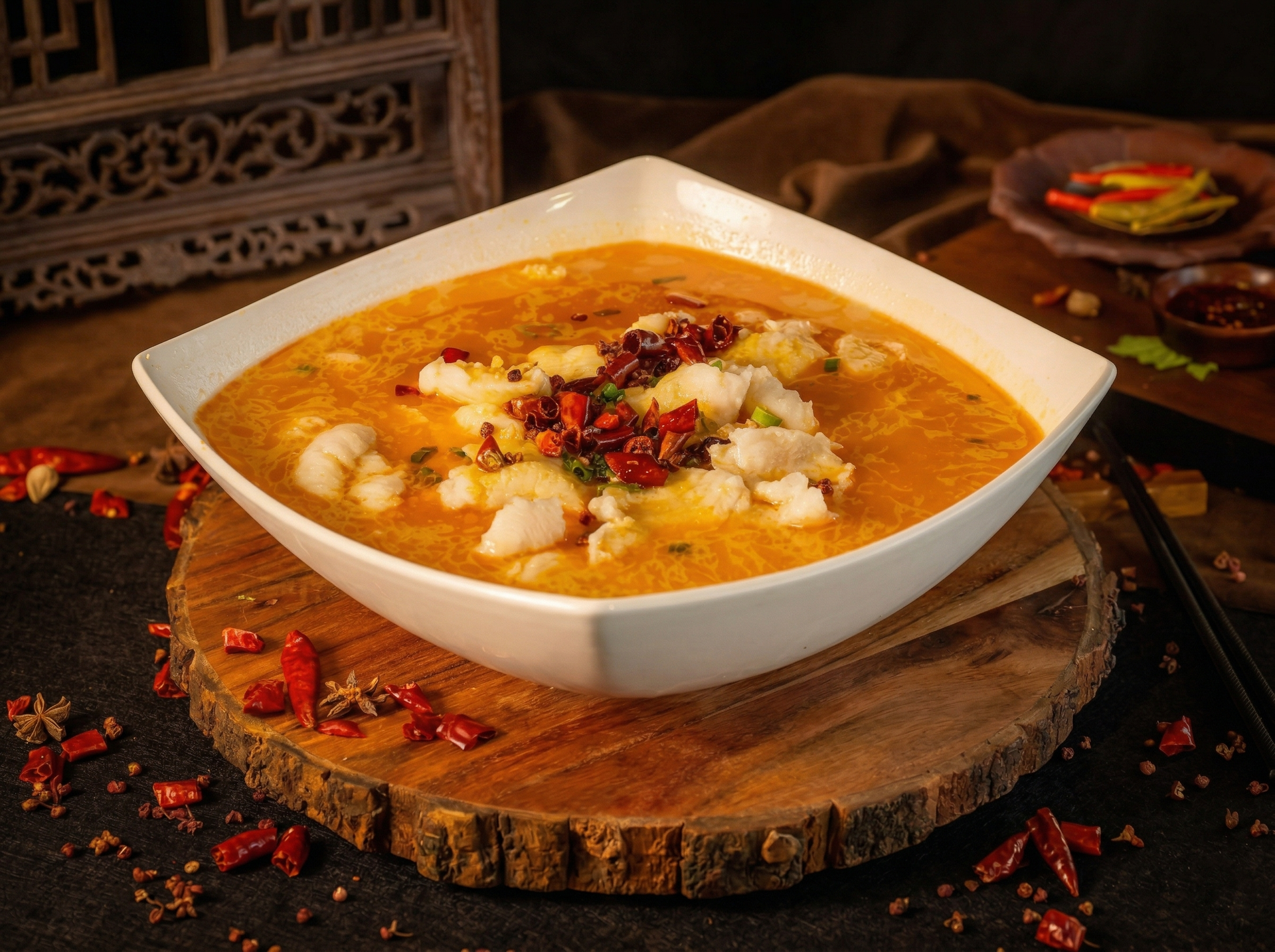 A white bowl of golden fish soup with dried chilies sits on a rustic wooden slice, surrounded by scattered spices.